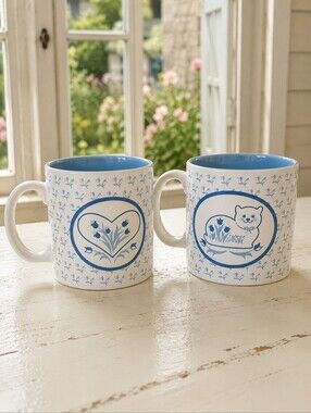 Vintage Russ Berrie Blue & White Cat Tulip Coffee Mug Set Korea